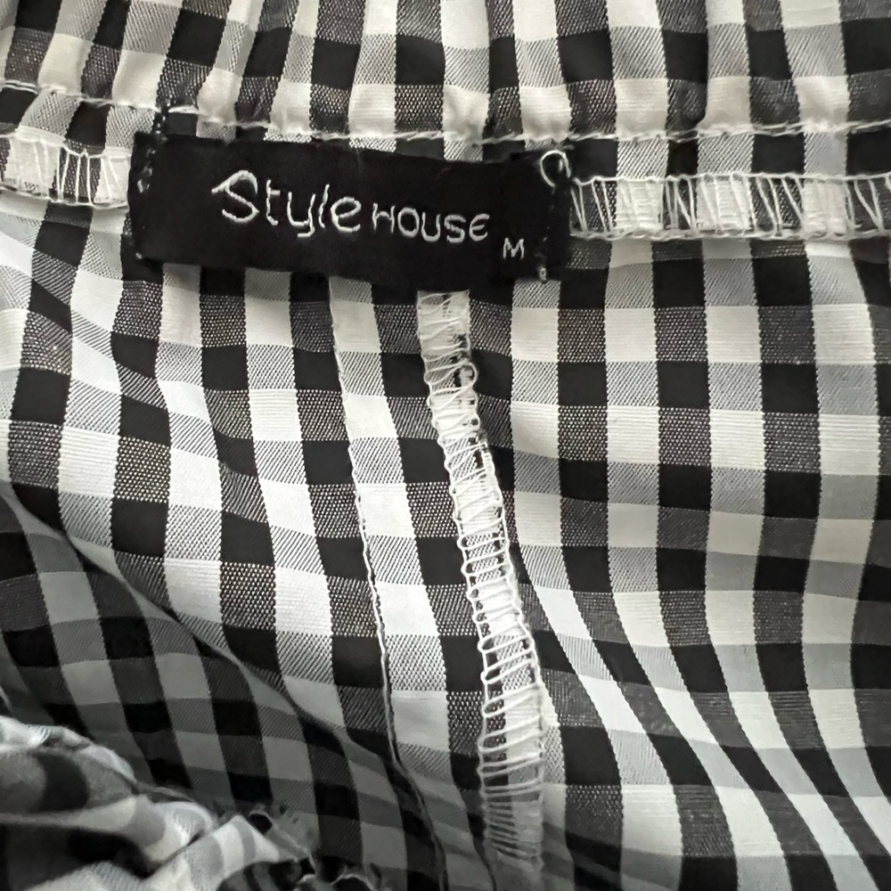 StyleHouse Gingham Off-the-Shoulder Flare Tier Bell Sleeves Short Dress - Picture 7 of 12